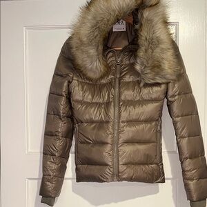 Zara Taupe Puffer Jacket with Faux Fur Hood